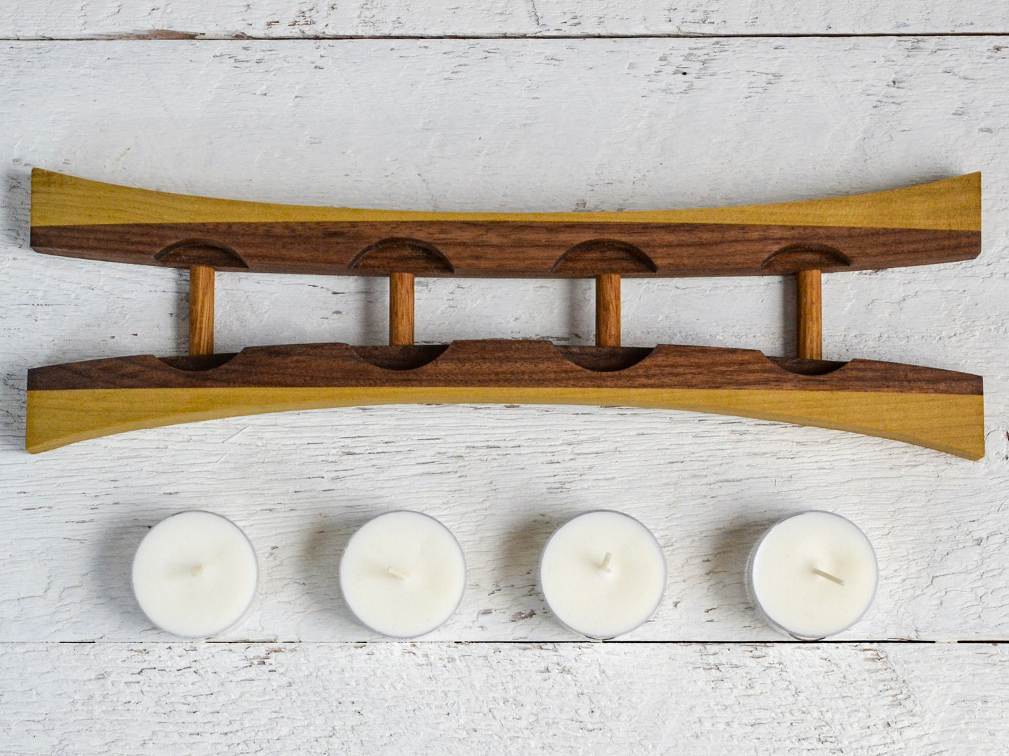 walnut tealight candle holder with 4 natural soy candles