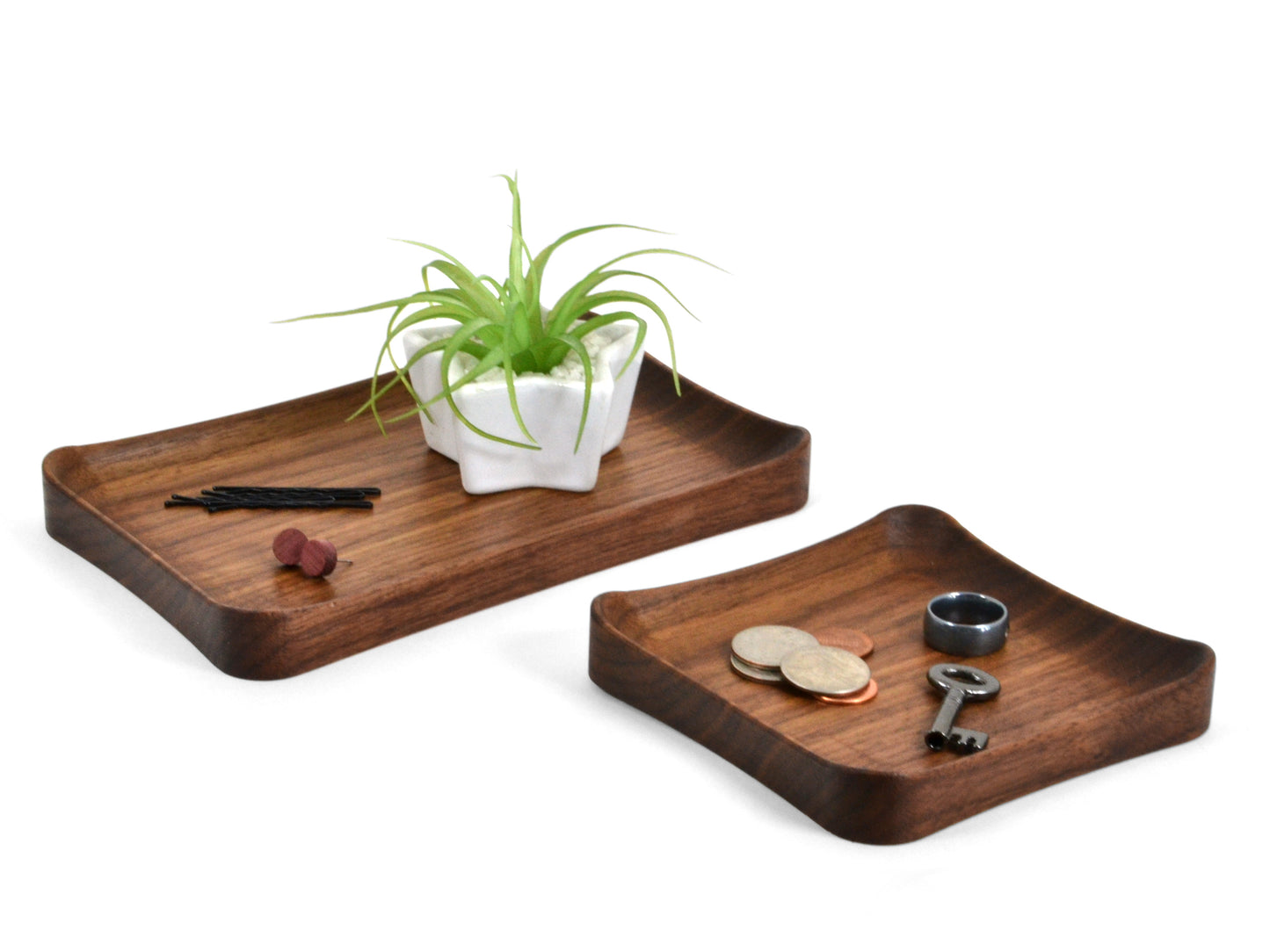 small rectangular valet tray, small square tray in brown walnut