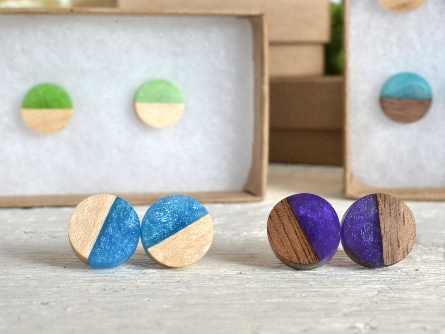 assorted gift box earrings, wooden stud earrings, handmade gift