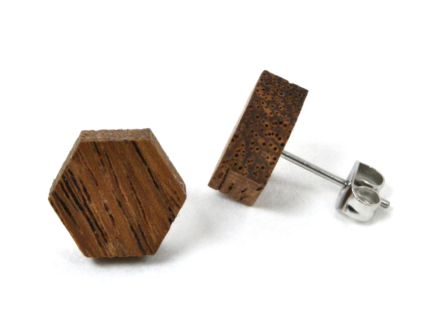 small monkeypod dark wood earrings, geometric theme studs with hexagonal shape