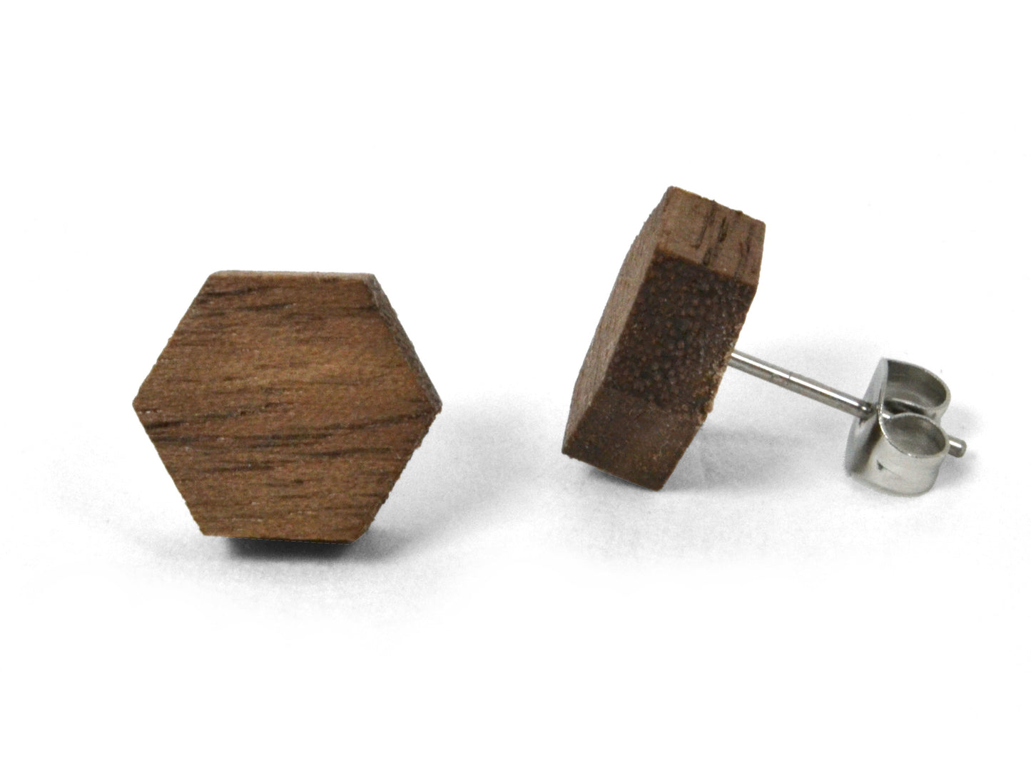 hypo-allergenic nickel free wooden earrings for sensitive skin, hexagon shape