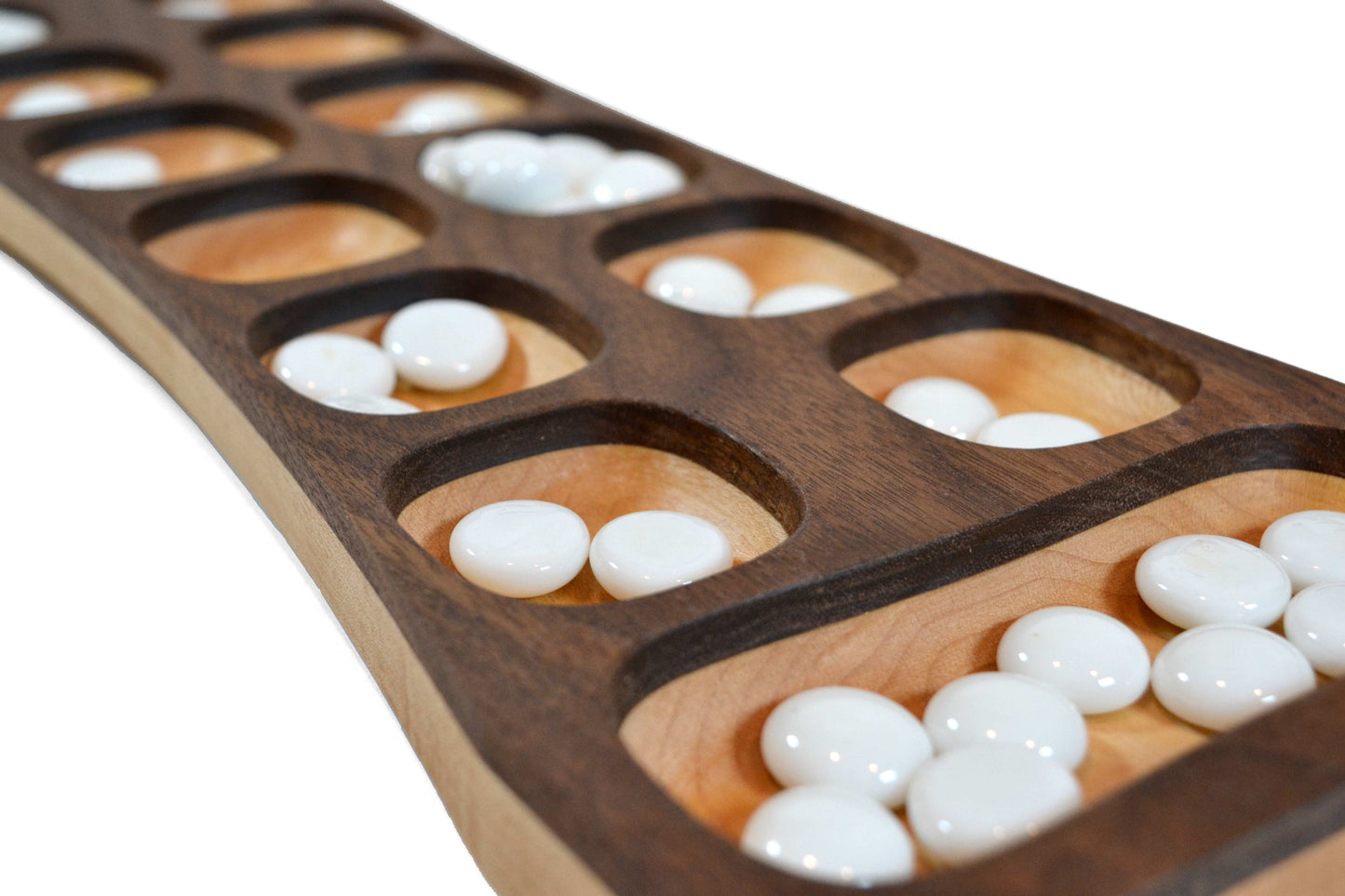 curvy pocketed mancala board with dark walnut top, white glass beads