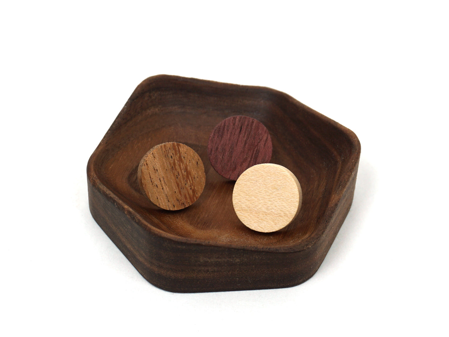 Wood earrings in geometric ring dish