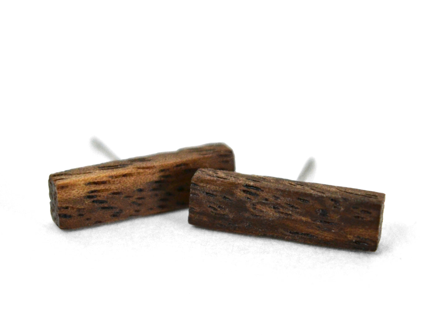 pair of exotic monkeypod wood bar earrings