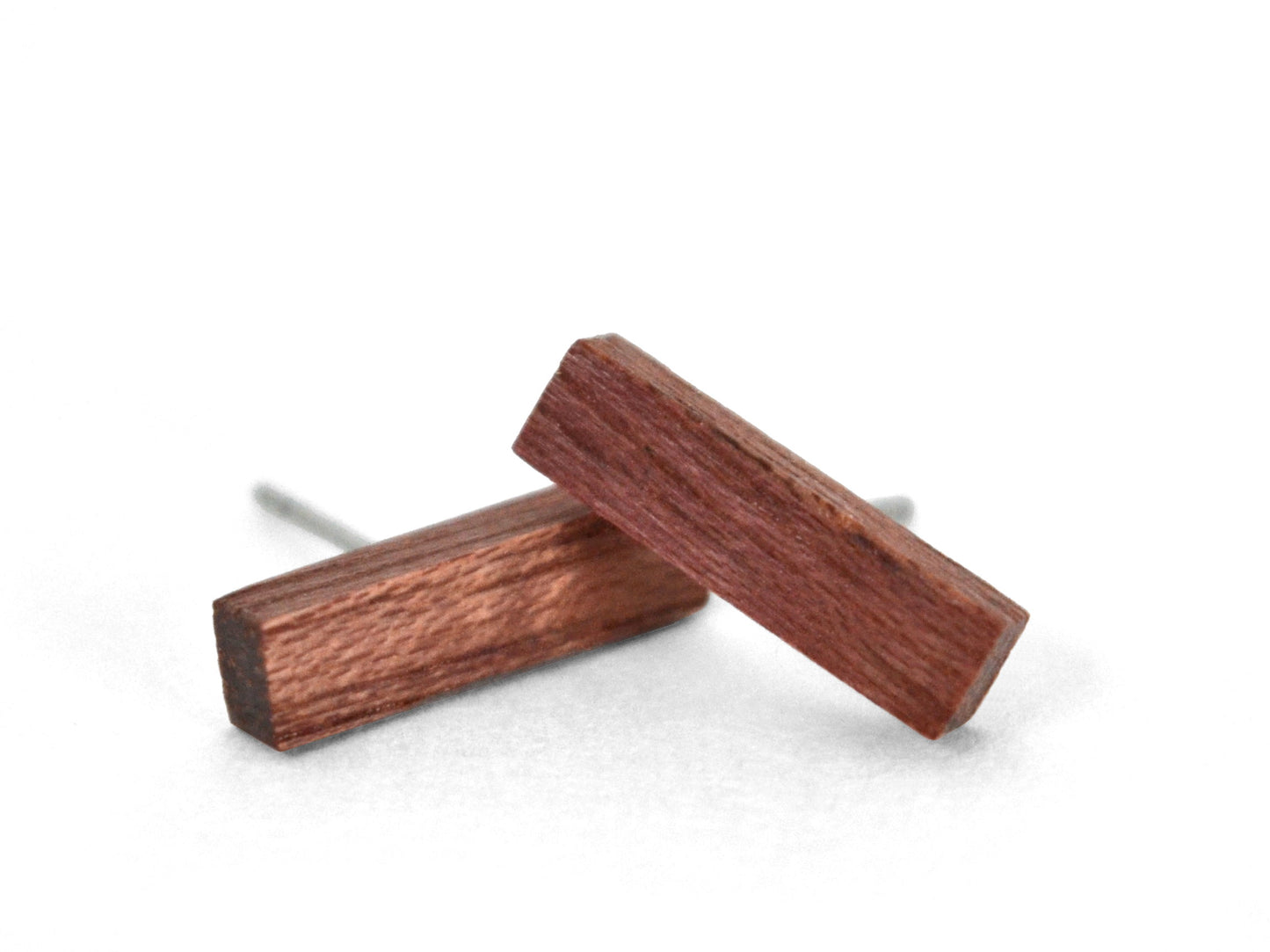 purpleheart wood jewelry, purpleheart wooden bar stud earrings, straight bar studs