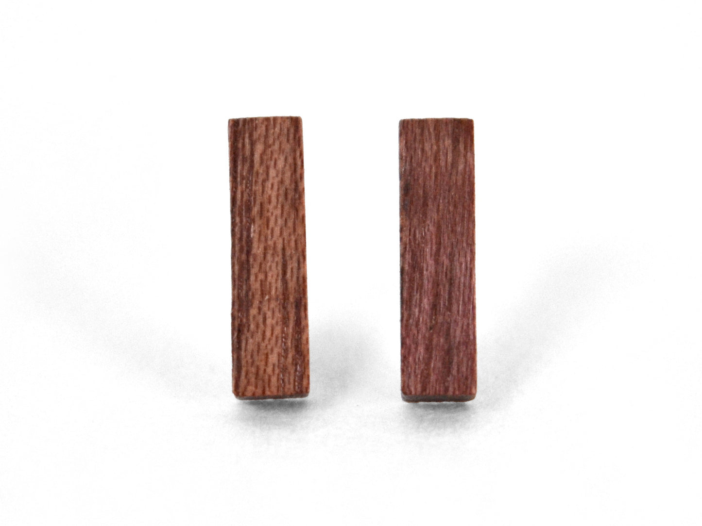 pair of exotic purpleheart wooden bar earrings, lightweight active wear earring studs