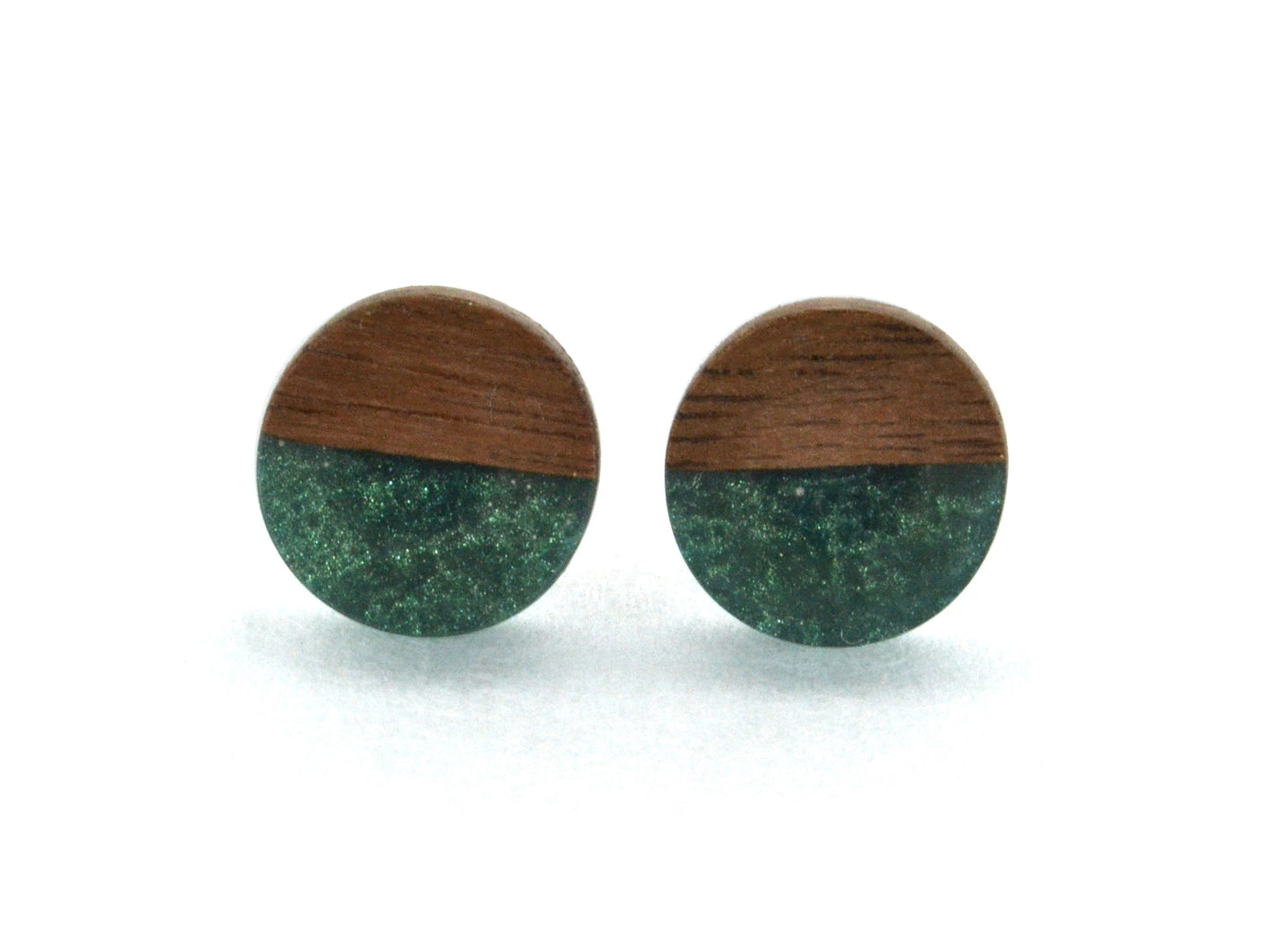 forest green and dark walnut round earring studs, half moon accent design