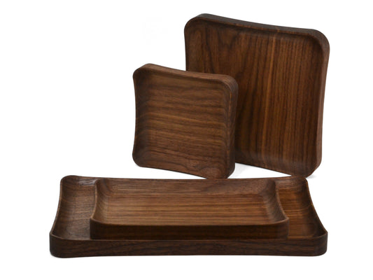 walnut valet trays in assorted sizes, square and rectangular