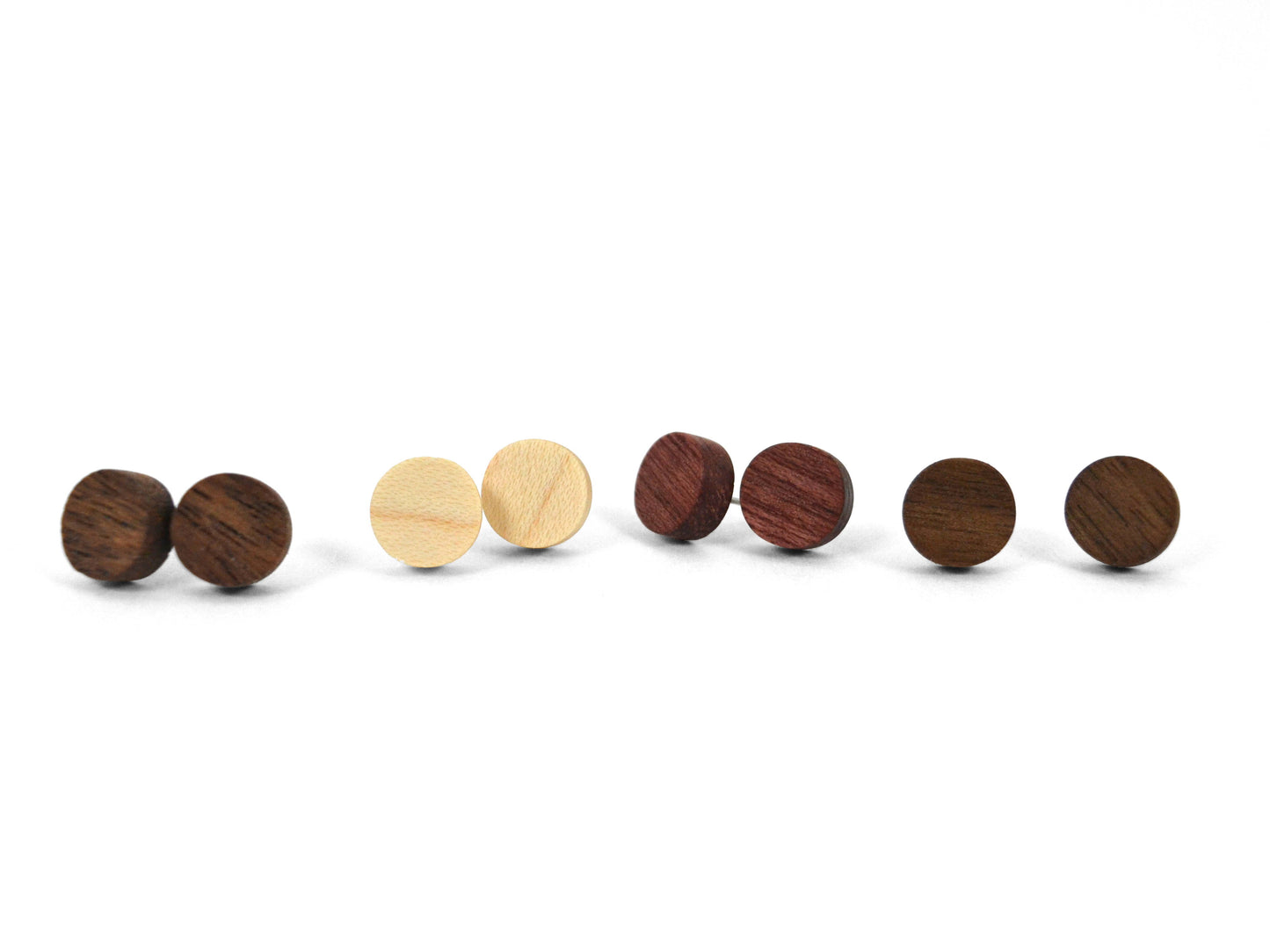 colorful natural finish wooden earring studs, round earrings in assorted wood types