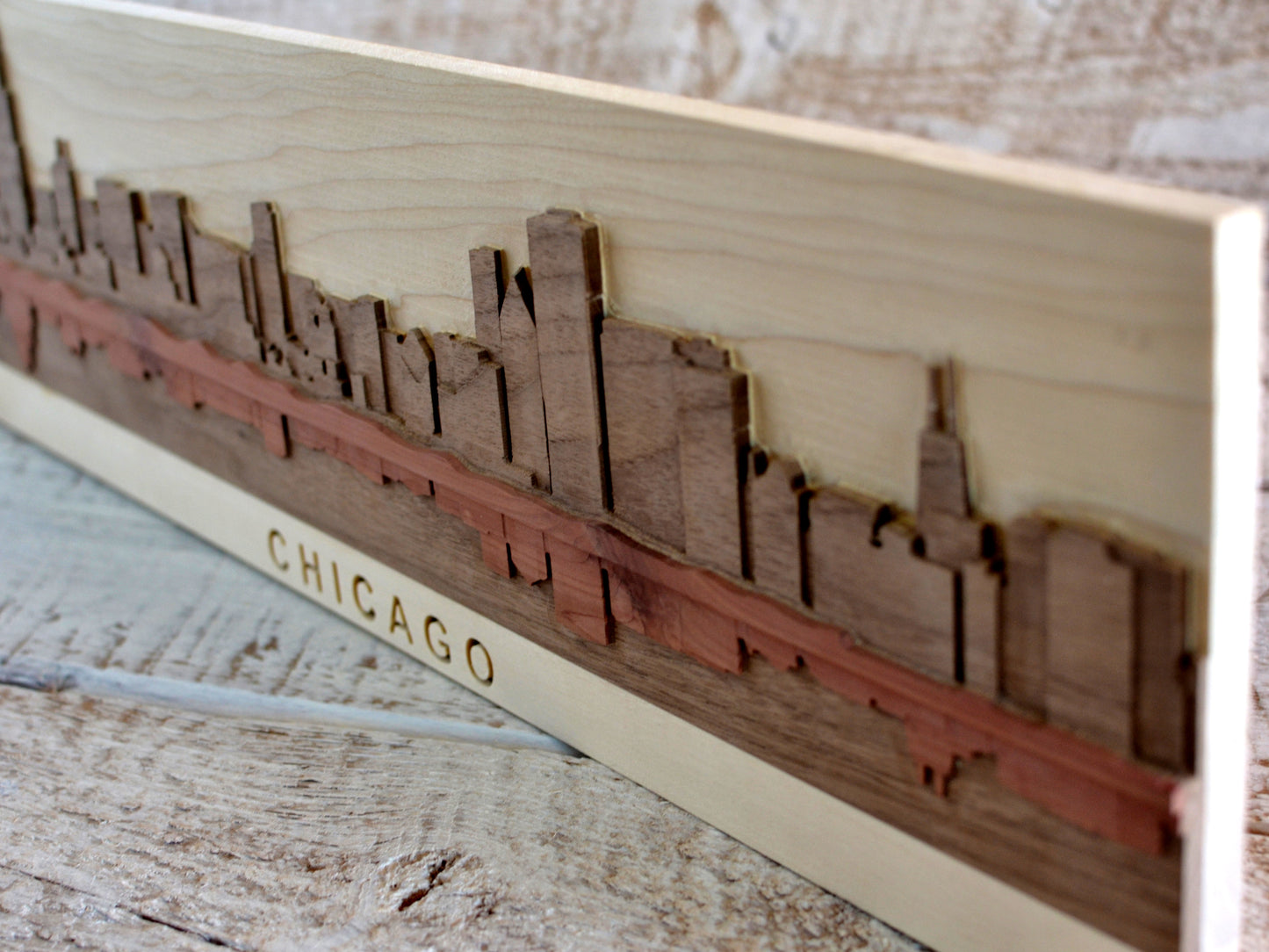 walnut, maple, and cedar wood chicago skyline sculpture
