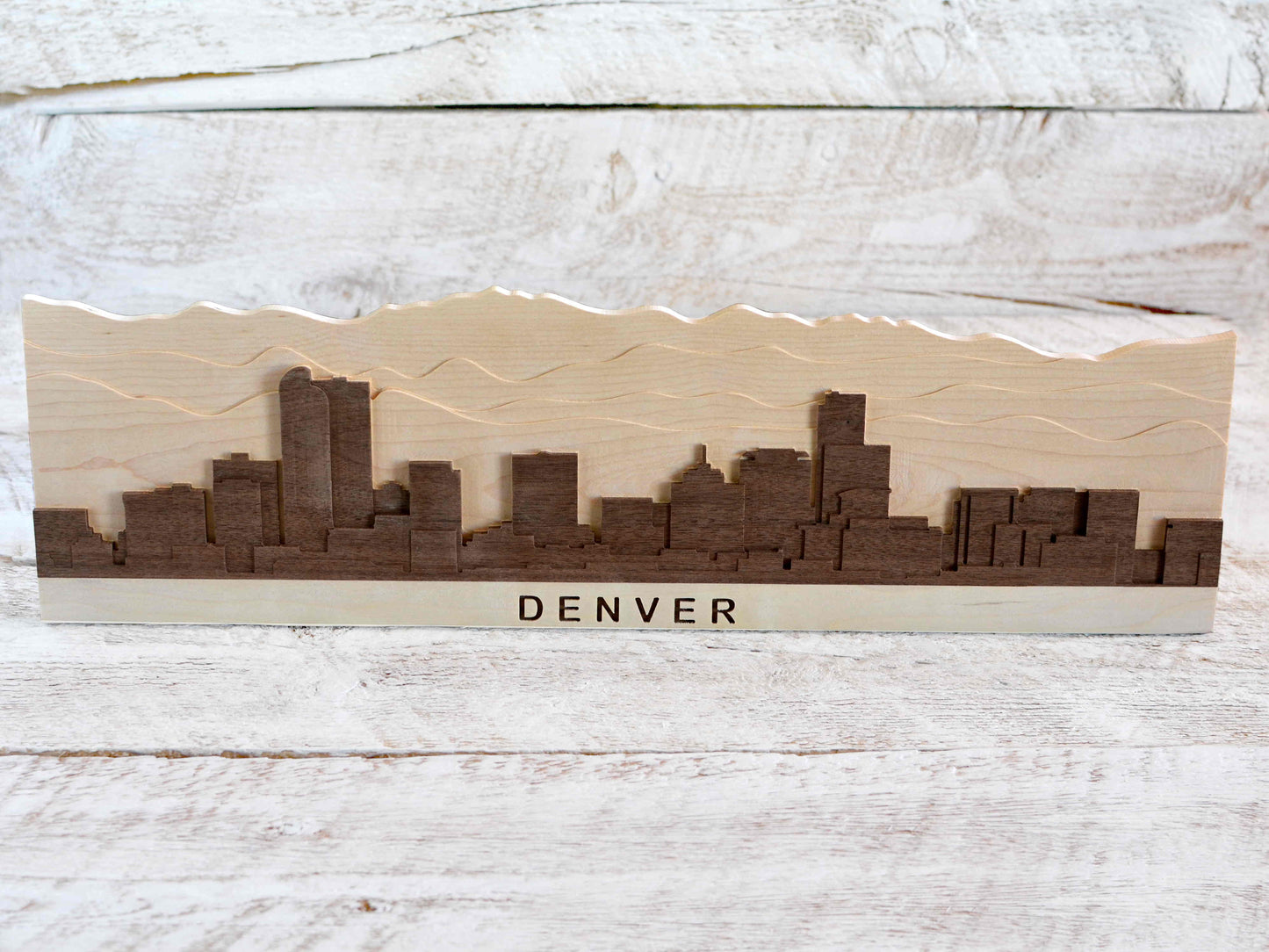 walnut and maple denver cityscape artwork for wall hanging