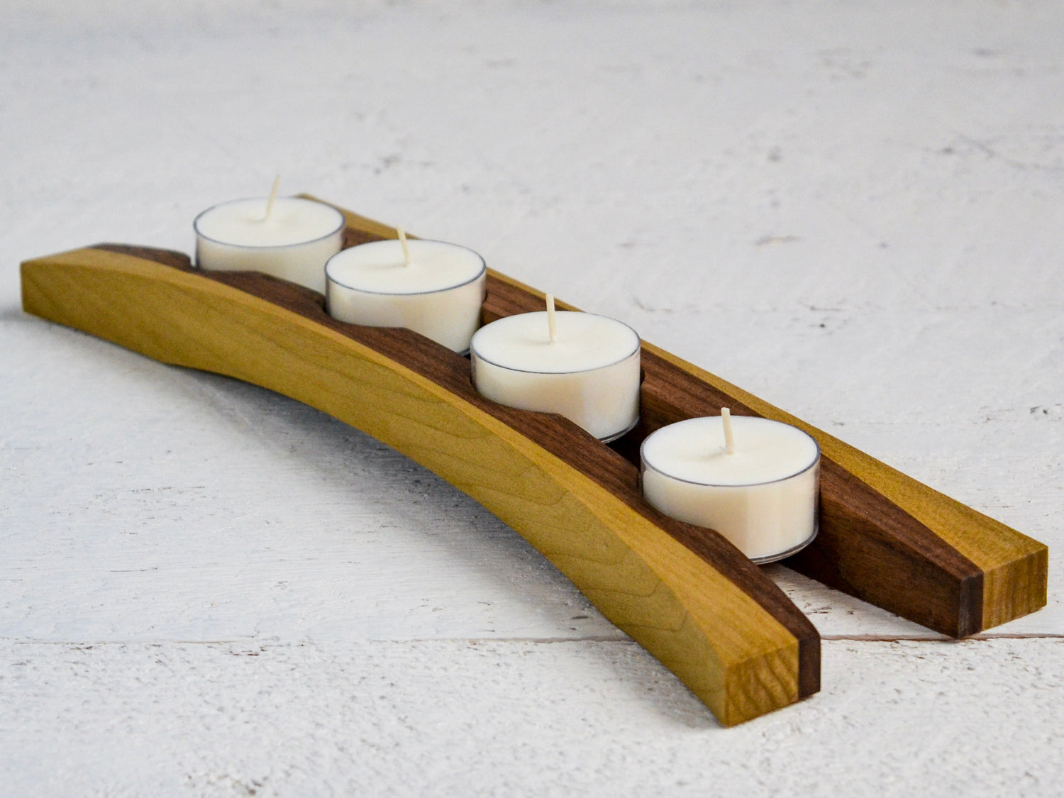 simple minimalistic walnut wood tealight candle holder with candles