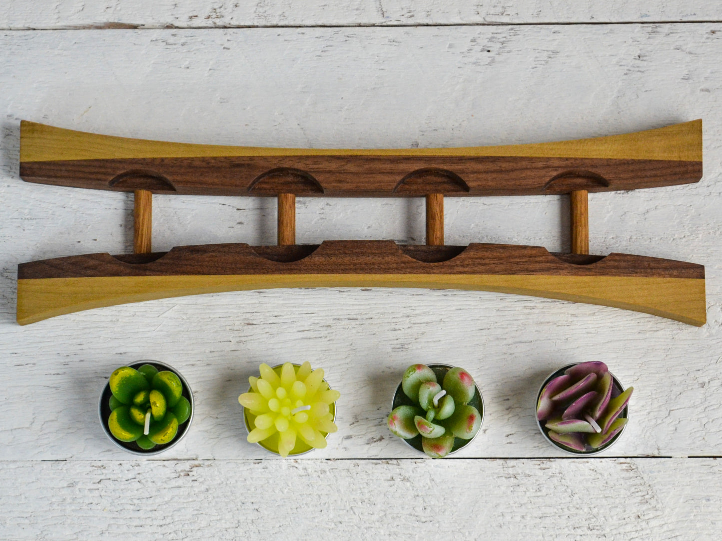 two tone wood tea candle holder with succulent candles