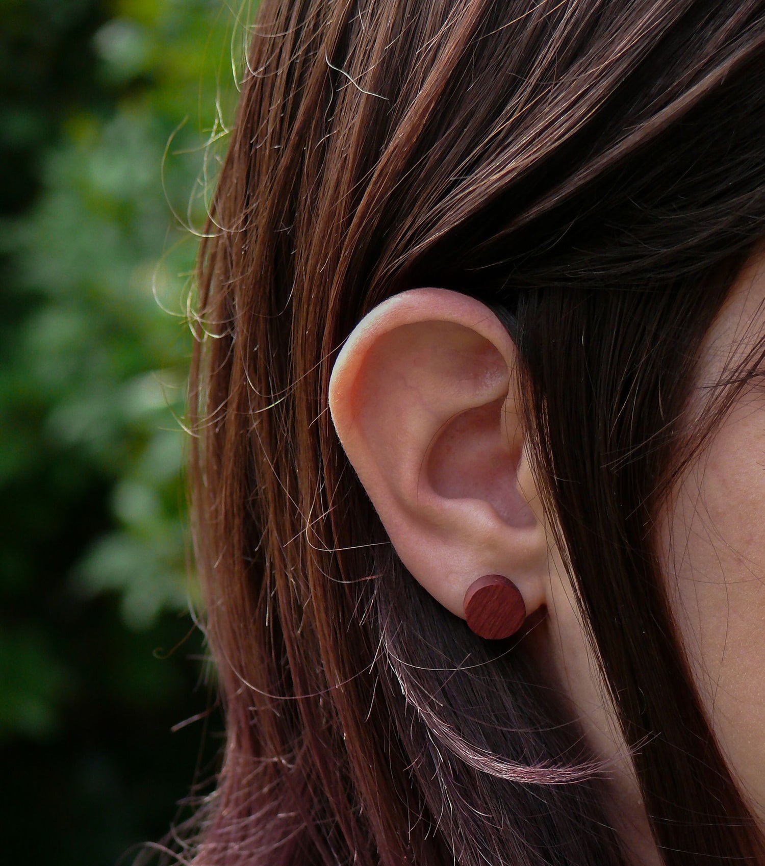 girl wearing boho hippie purpleheart earring studs
