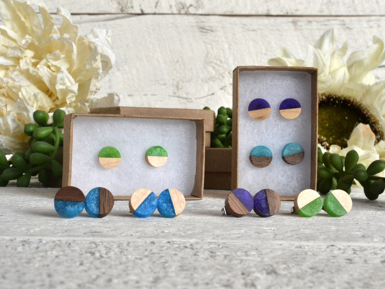 assorted colors of wood and epoxy resin stud earrings with gift boxes