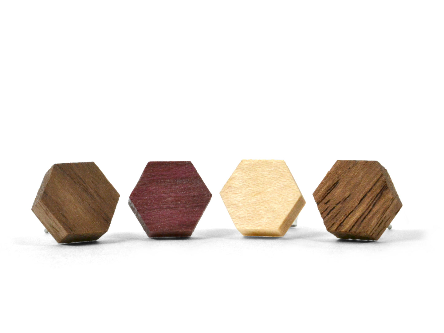 assorted colors of wooden hexagon shaped earring studs, walnut, purpleheart, maple, monkeypod