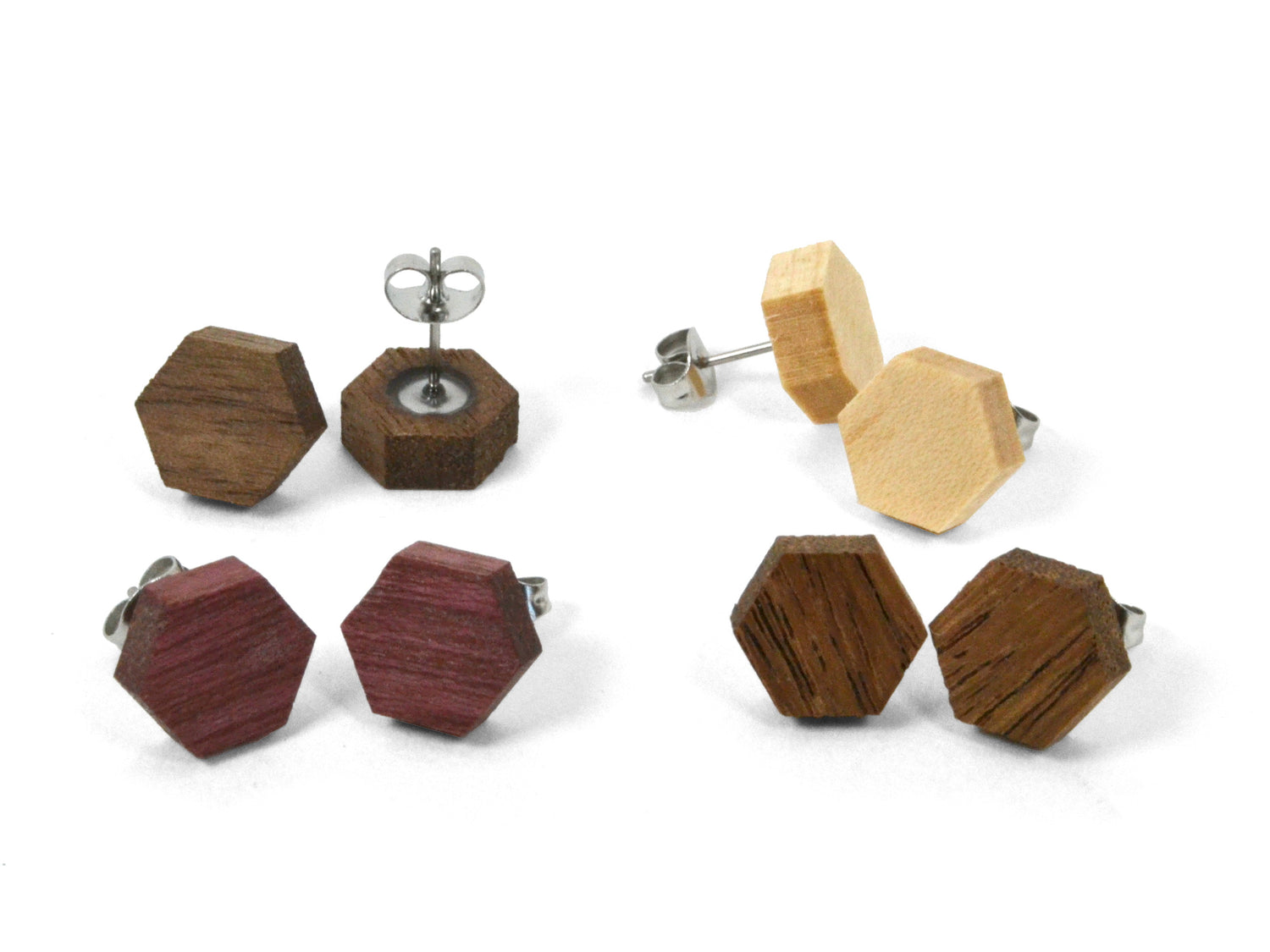 assorted wood hexagon shaped stud earrings, nickel free, handmade wood earring studs