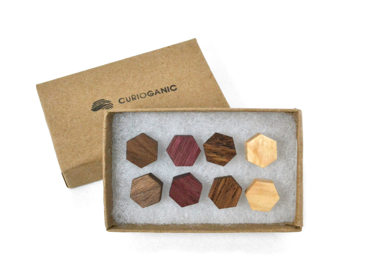 gift boxed set of assorted wood hexagon shaped earring studs
