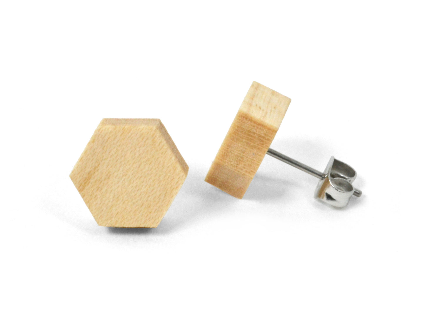 white maple hexagon shaped stud earrings with nickel free stainless steel posts