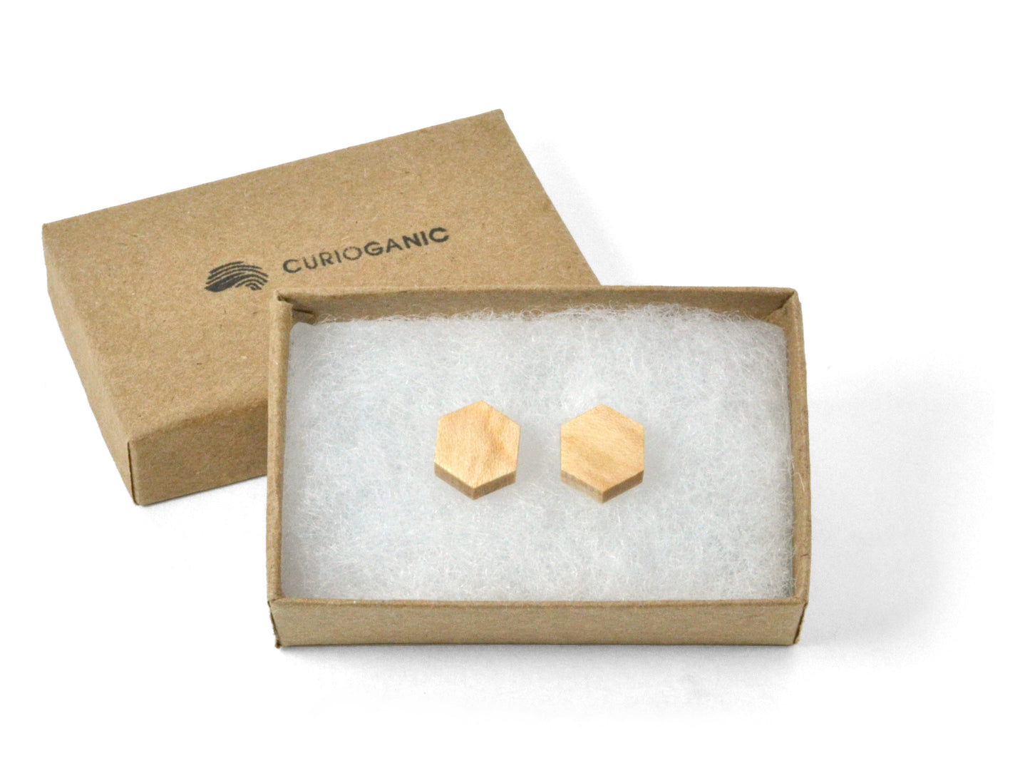 boxed gift set of geometric hexagon earrings with white maple wood