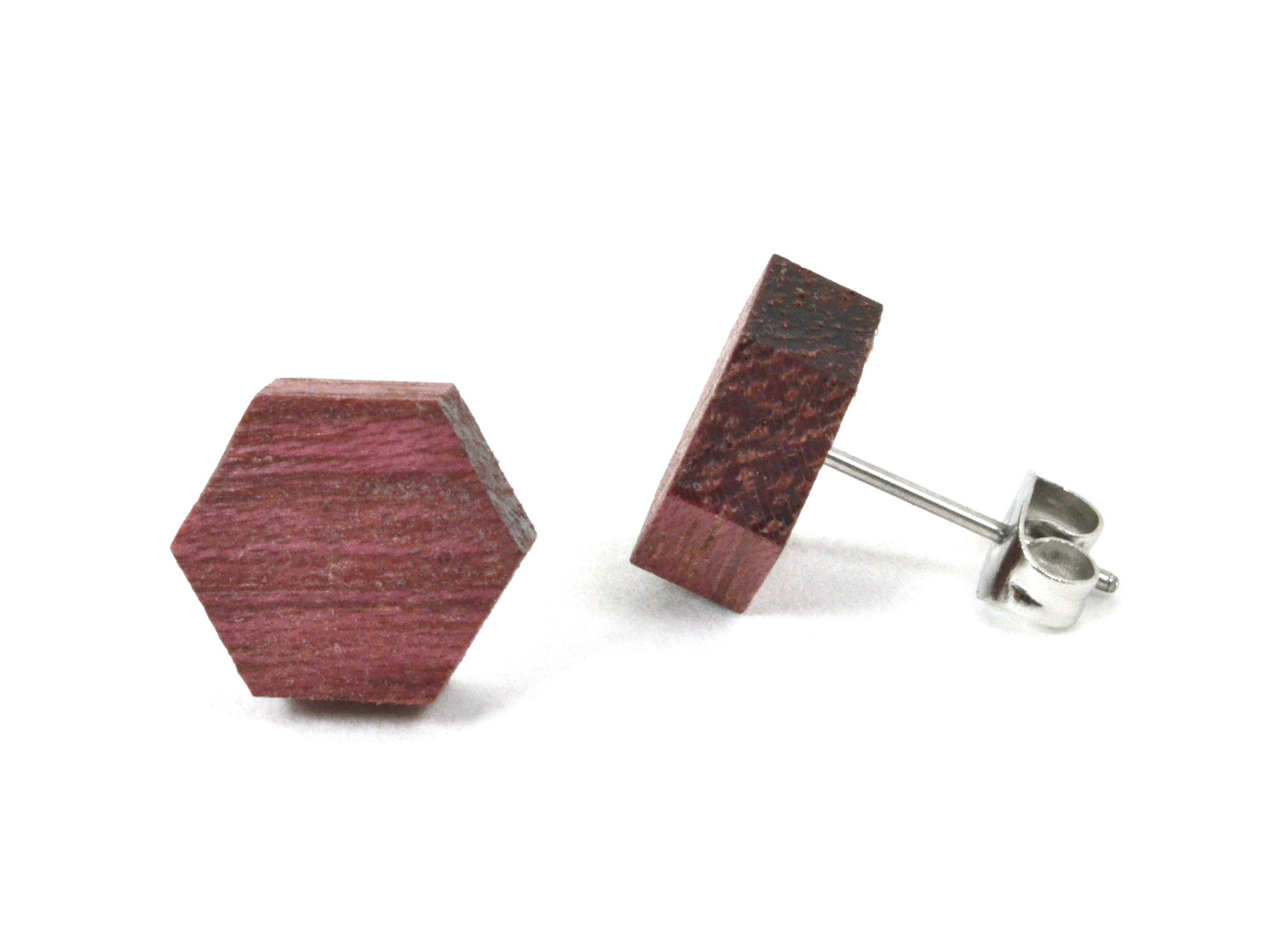 small hexagon earrings, wooden earrings with exotic purpleheart design, simple earrings