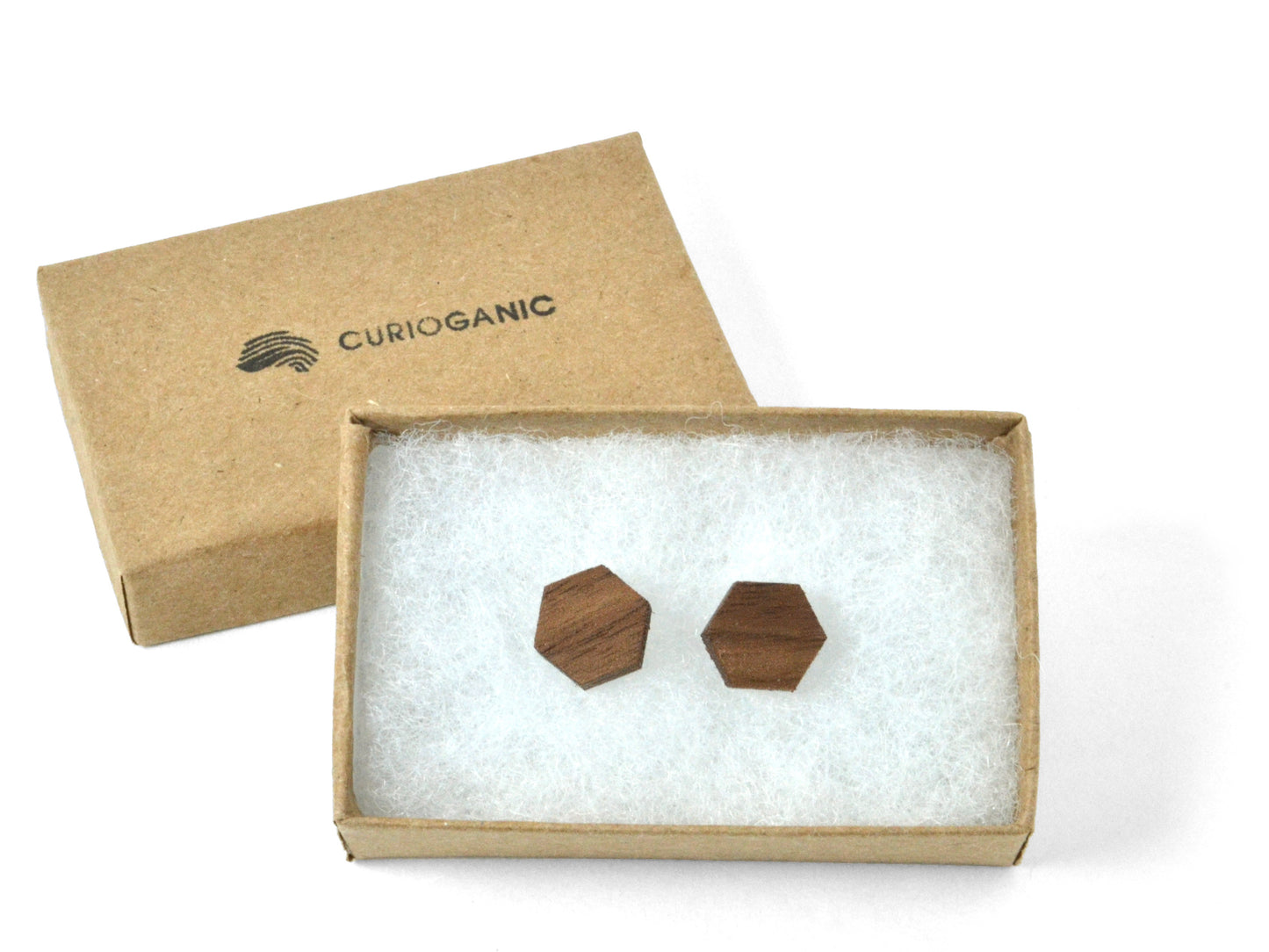 box of walnut wood hexagon earring studs