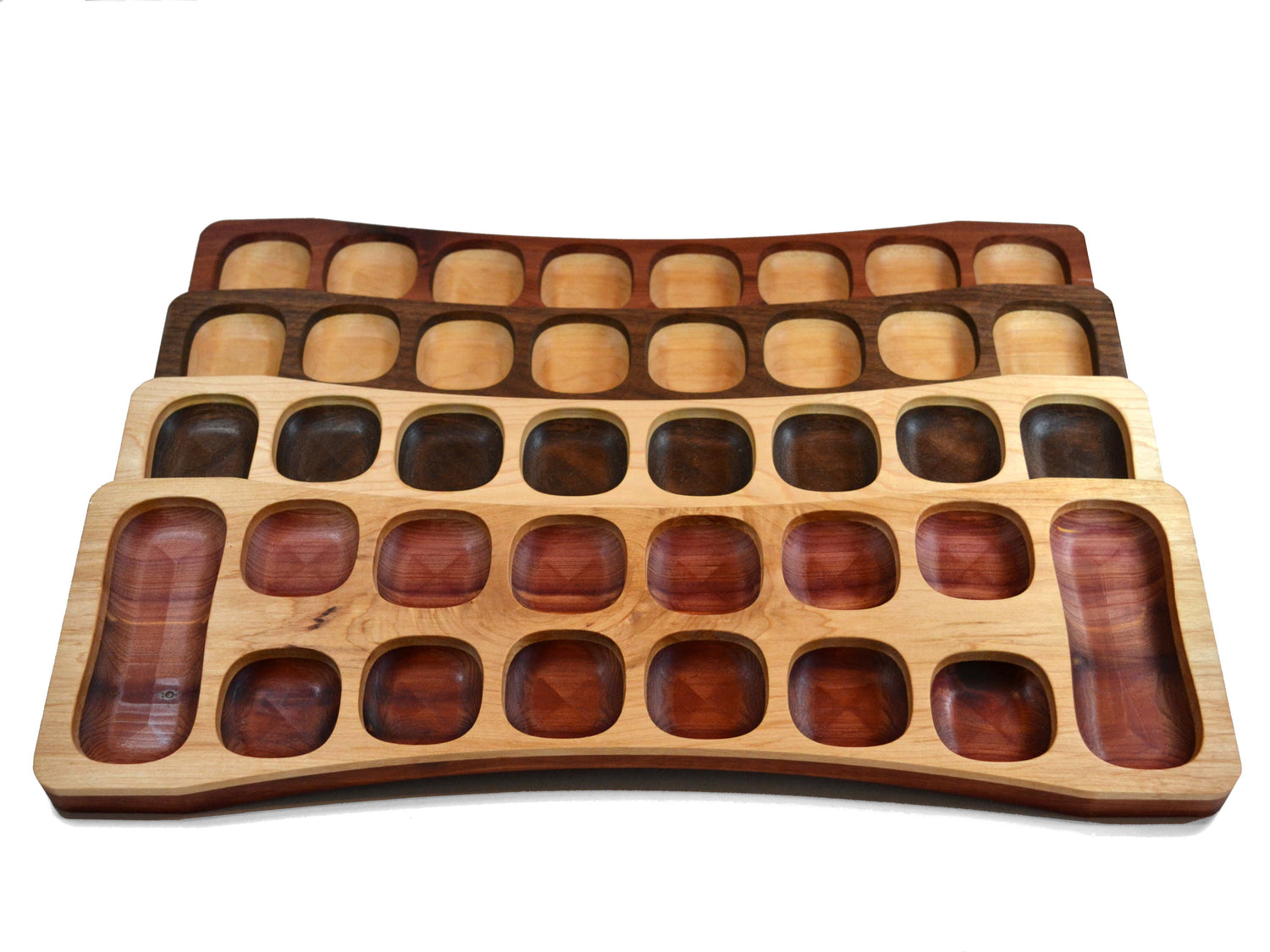red, white, black wood mancala boards in assorted colors