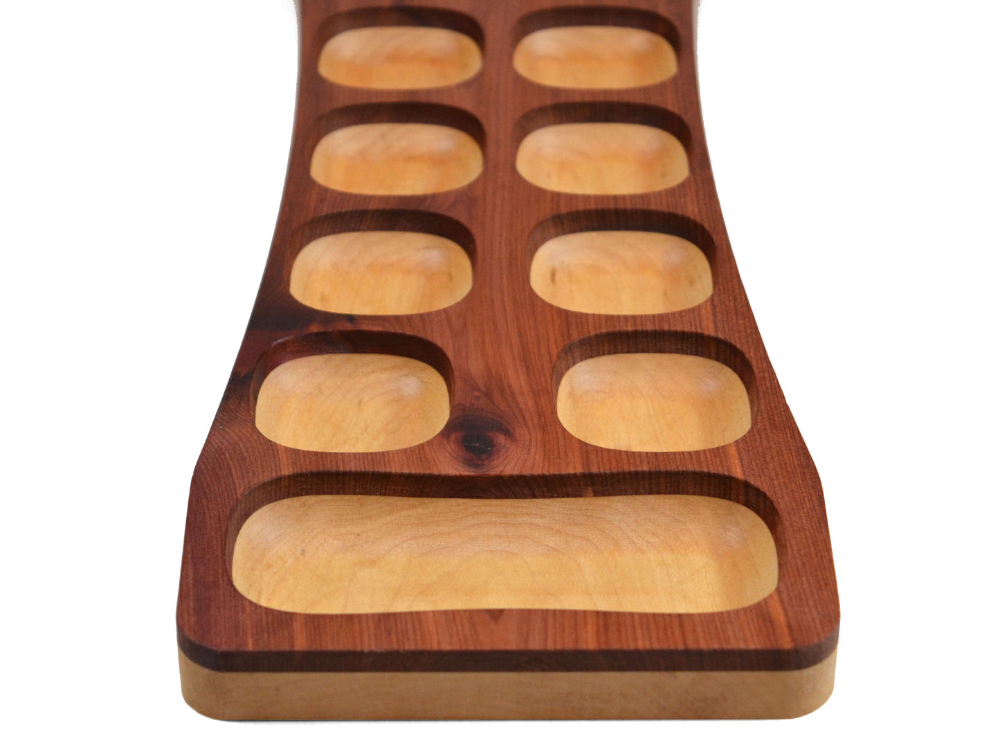 red top handmade wooden mancala game board