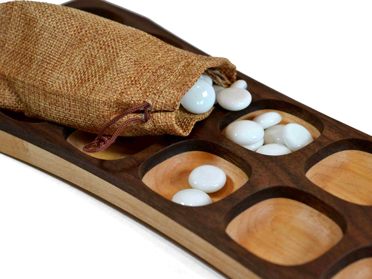 handmade mancala game set with wooden board