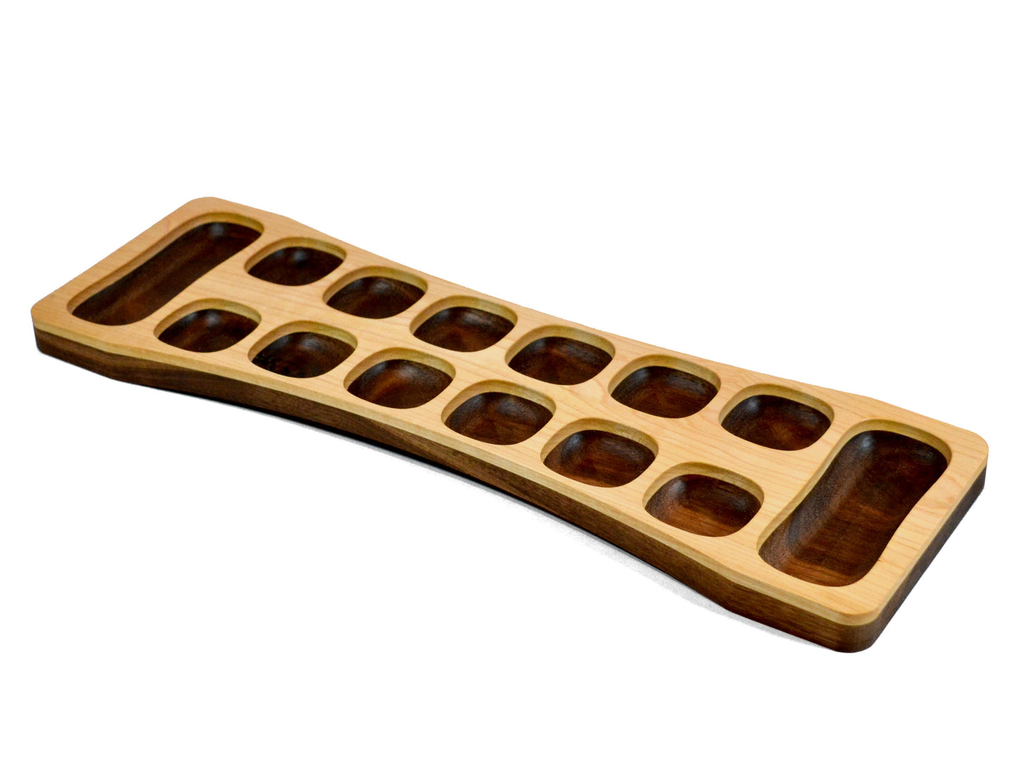 dark walnut mancala board, white maple top with curvy base