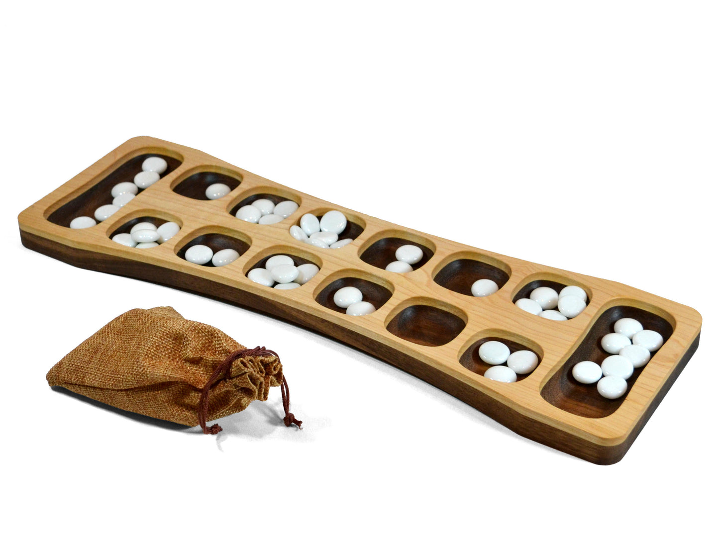 wooden mancala set, curvy handcrafted board with white glass beads