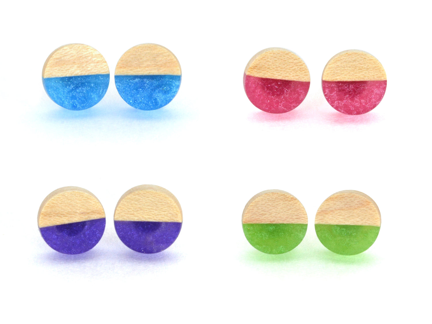 light walnut wood round stud earrings, half moon earring with resin accent, assorted colors