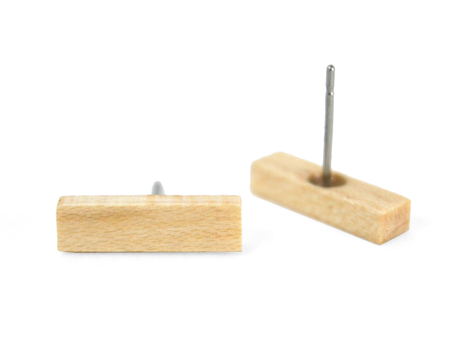 white maple stud earrings, rectangular bar wood earring studs