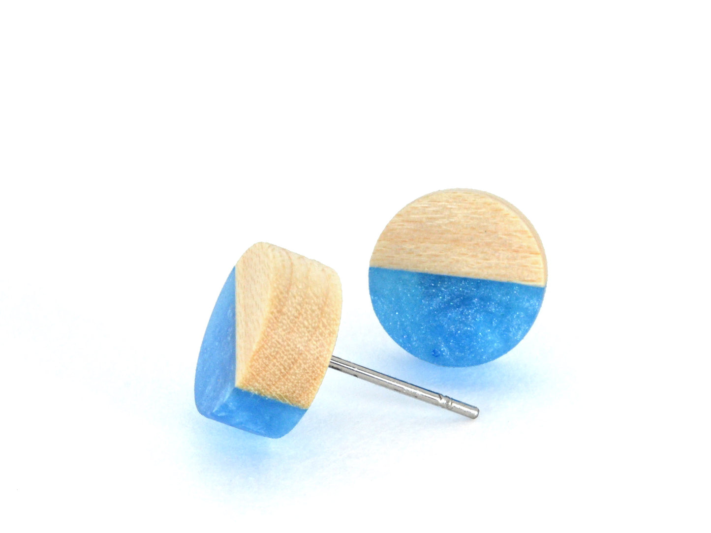 wooden earrings with ocean blue epoxy resin, one gift pair