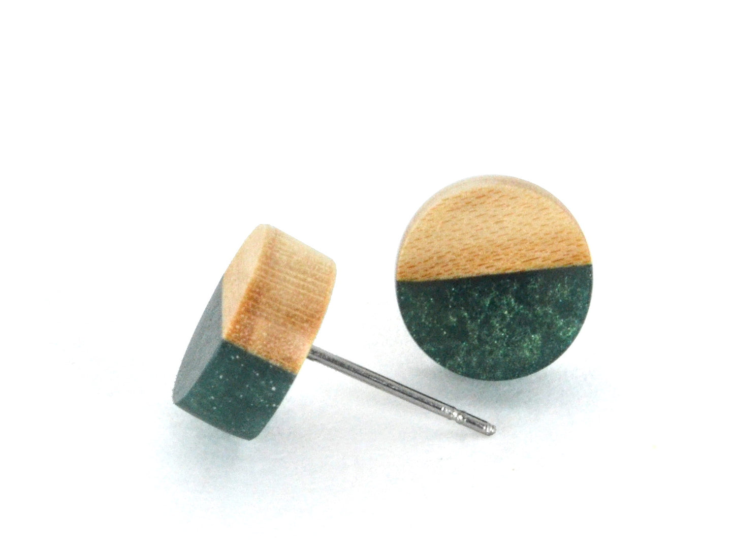 light maple with forest green resin stud earrings, nickel free stainless