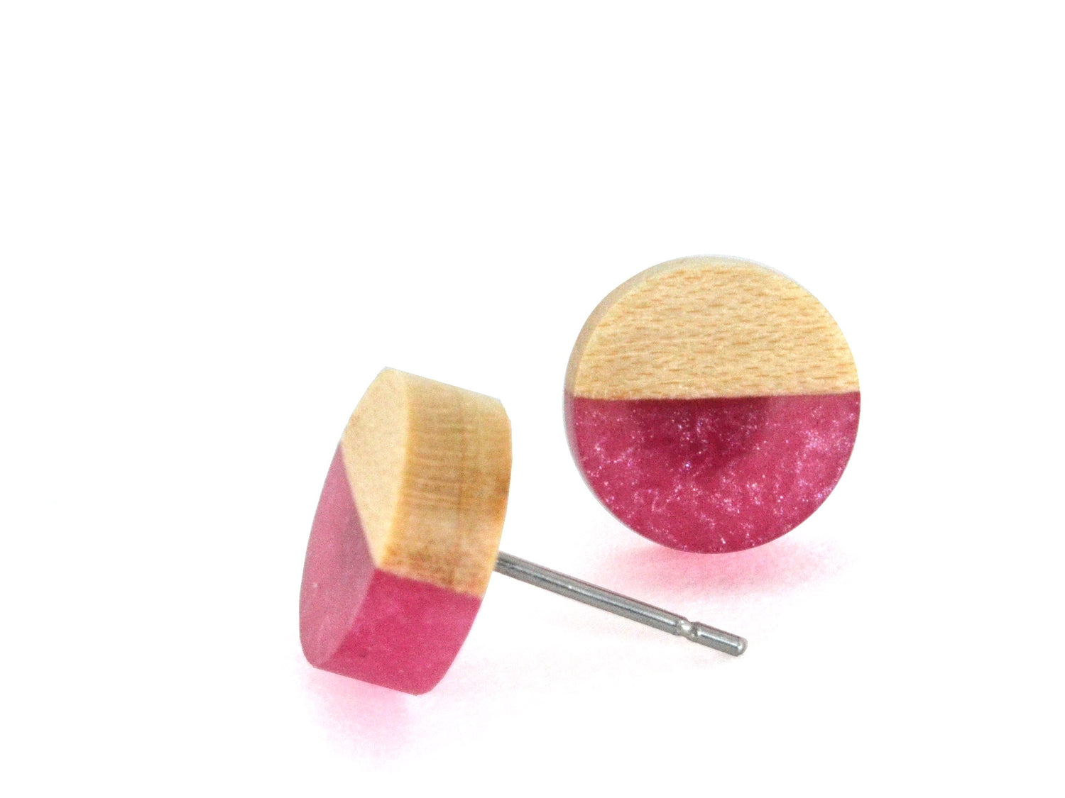 nickel free wooden earring studs with rose pink accent and white maple wood