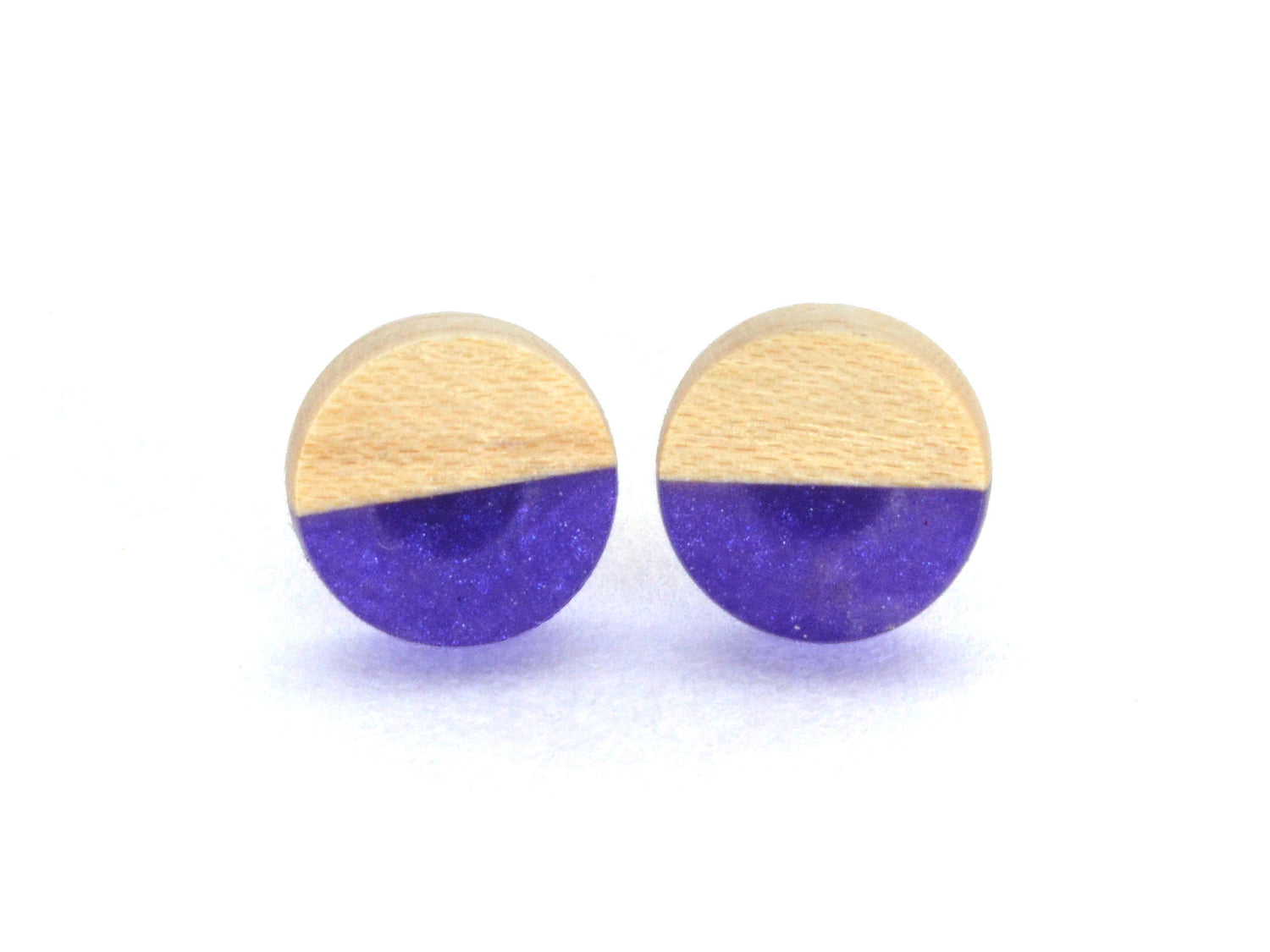 wooden stud earrings, purple with light maple