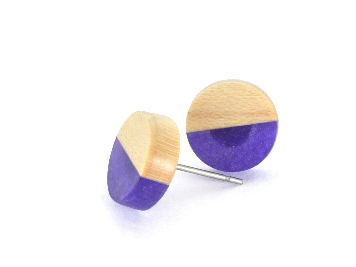 purple and white wooden earring set with hypo-allergenic studs