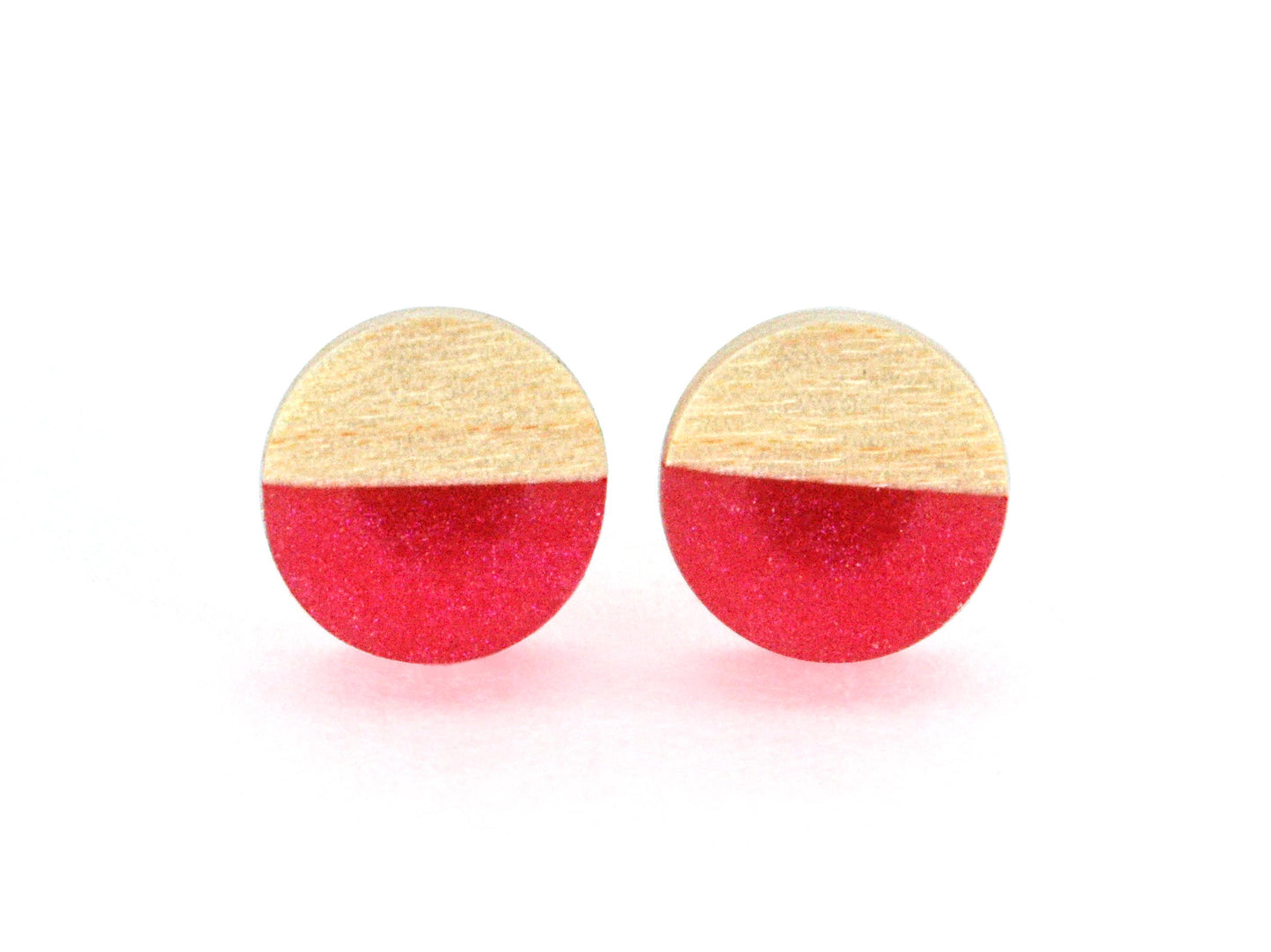 apple red stud earrings with white maple wood accent