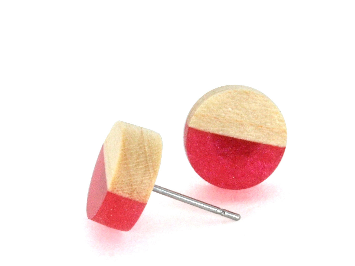 pair of red and white epoxy wooden earring studs