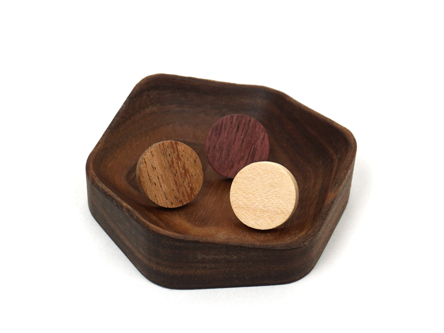 Wood earrings in geometric ring dish