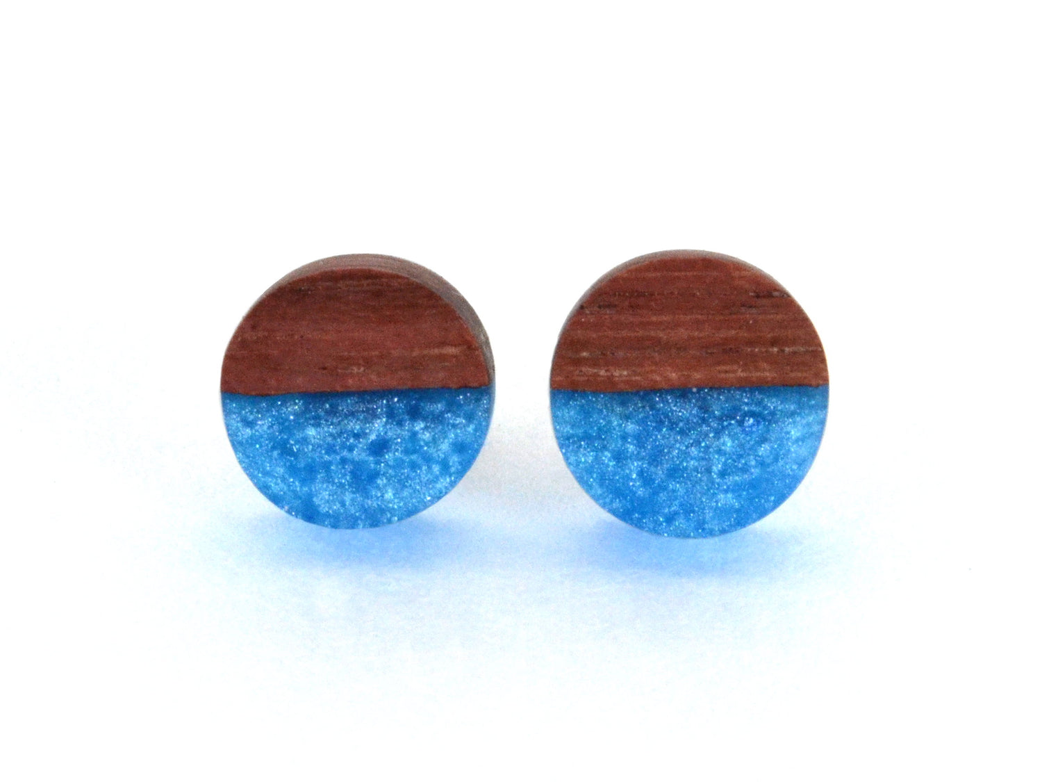 round half moon earring stud with ocean blue and purpleheart wood design