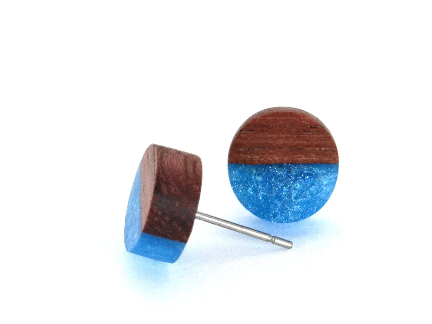 purpleheart wood earrings, sparkly ocean blue epoxy resin, stainless steel nickel free studs