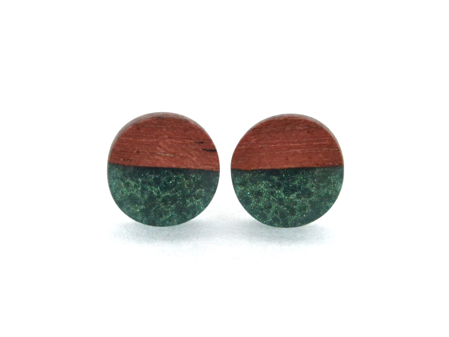 handmade round stud earrings with green epoxy and purpleheart wood