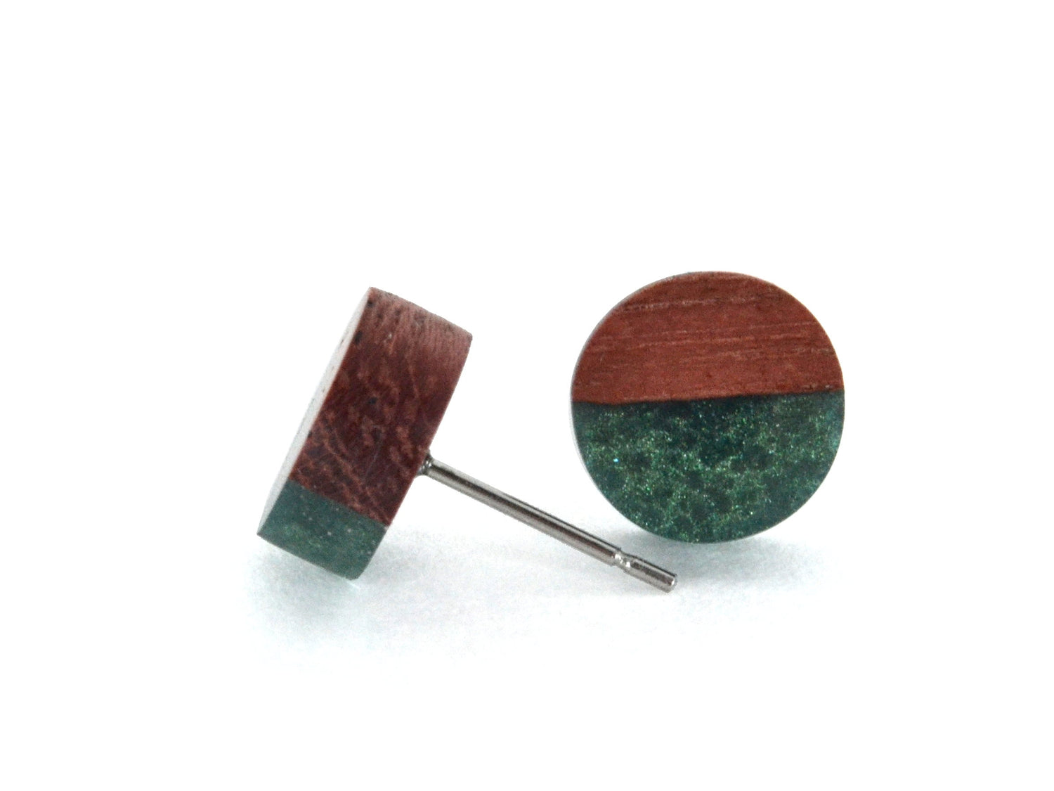 round wooden stud earrings with forest green, lightweight stud earrings