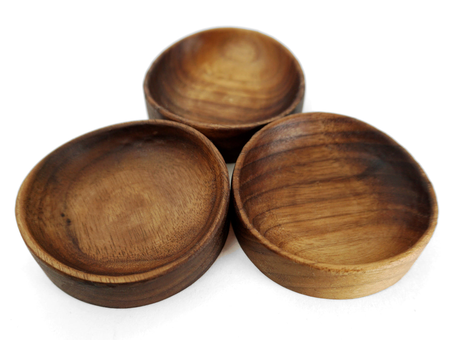 Group of 3 curvy round wooden ring dishes for desktop