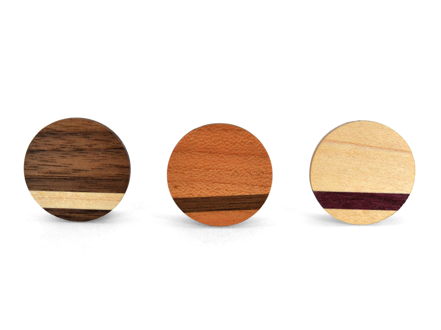 walnut, cherry, maple round wooden striped magnets
