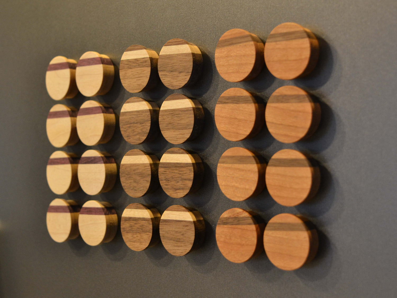 colorful wooden fridge magnets, natural wood grain