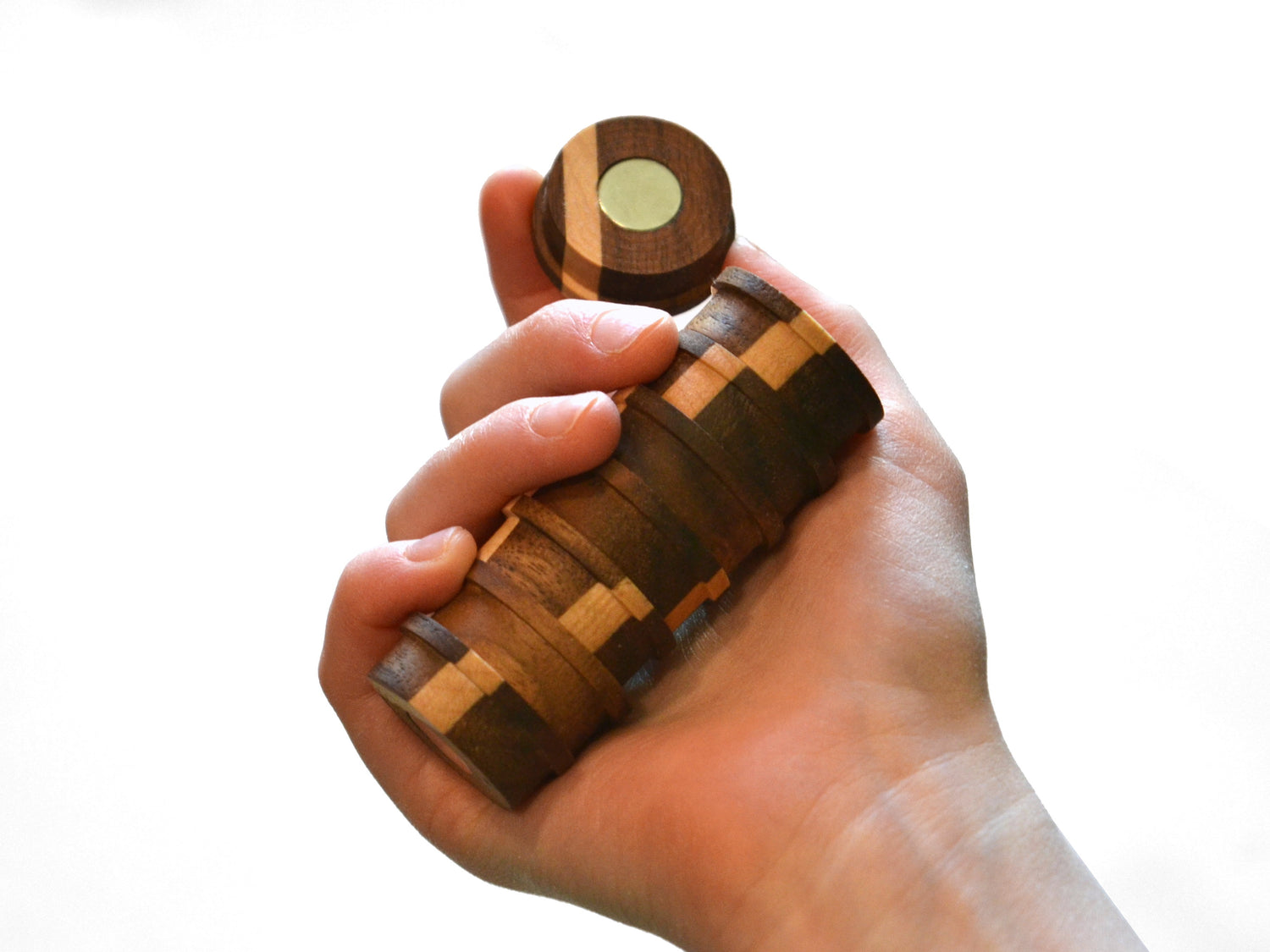 holding a set of strong wooden magnets