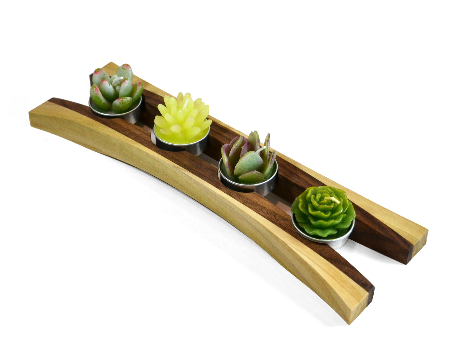 two tone wooden tealight holder for 4 tealight candles with succulent candles